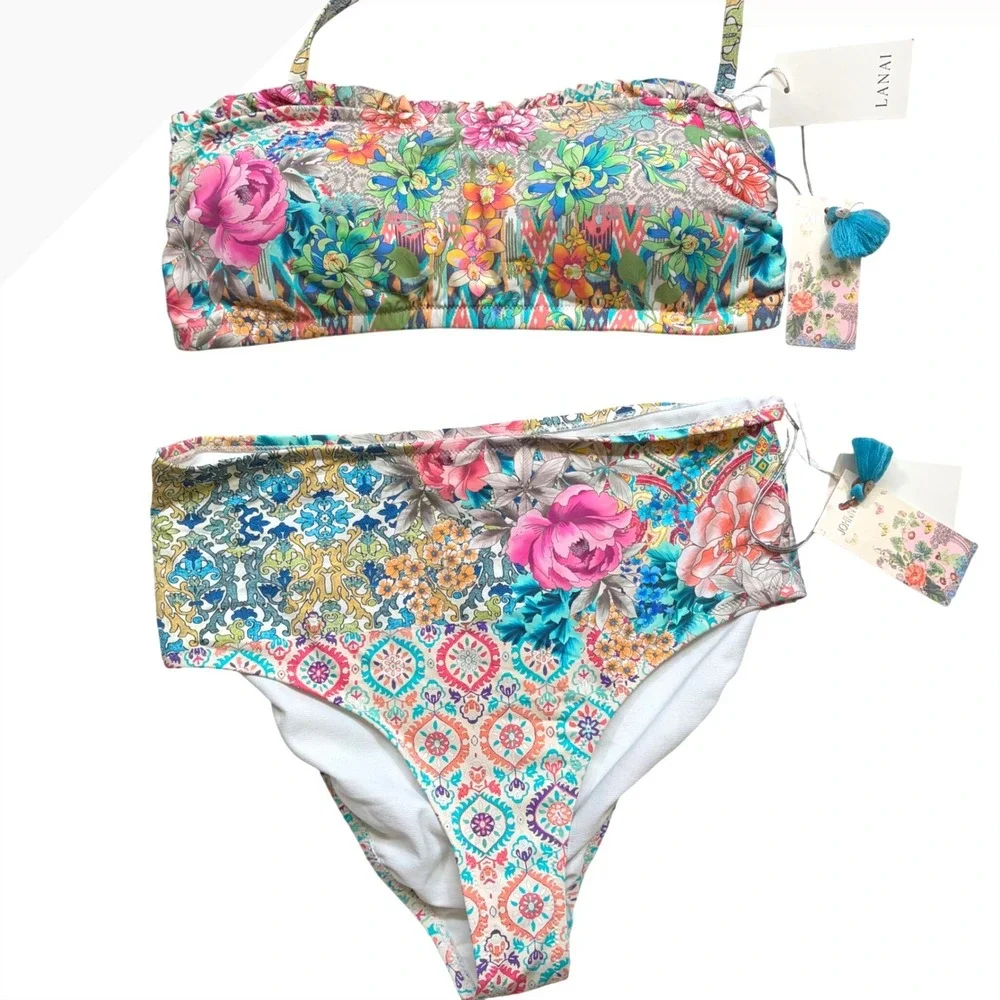 Johnny Was Pearce Bandeau Top & High Waist Bottom Bikini Set Multi L CSW9221-N